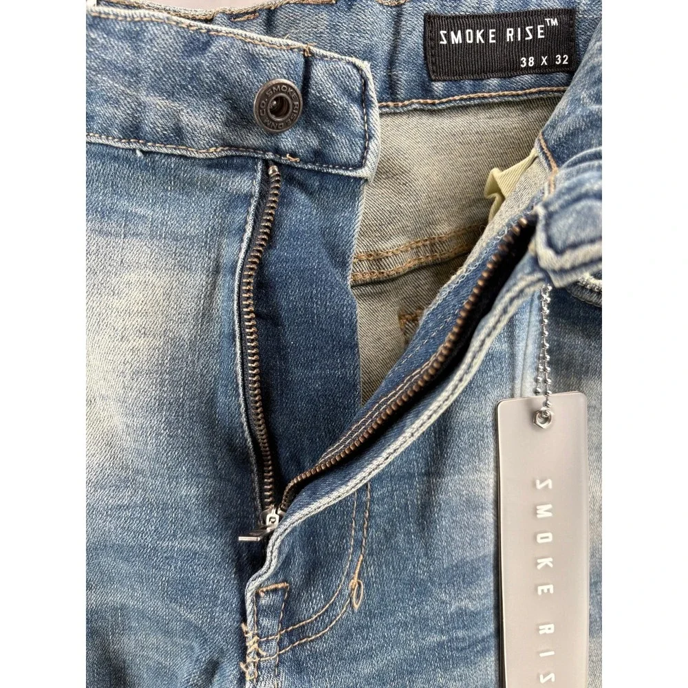Smoke‎ Rise Slim Tapered Distressed Jeans 38x32 Blue Sandblasted Y2K Streetwear
